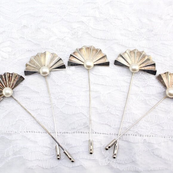 Pair of Vintage RODIER Art Deco Stick Pins, Silver Tone Fan Shape, Faux Pearl - Picture 7 of 9